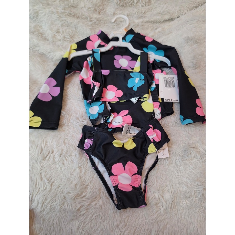 Jessica Simpson Baby Girls 3-Piece Rash Guard & Bikini Swim Set Black Floral 2T